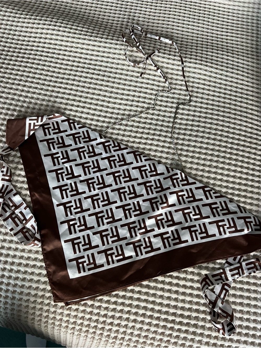 Brown & White Patterned Silk Scarf top